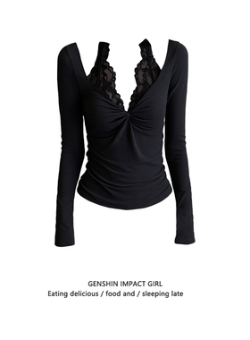 黑色蕾丝拼接假两件扭结V领长袖T恤女秋冬修身纯欲辣妹上衣莫代尔