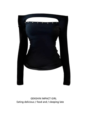 一字肩T恤女百搭镂空修身春季新款辣妹显瘦纯欲风长袖上衣打底衫