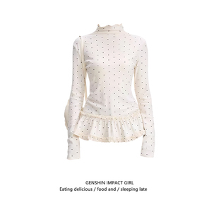 波点印花韩系半高领甜美木耳边长袖T恤春秋新款修身磨毛内搭上衣