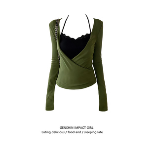 甜辣妹V领修身 新款 显瘦百搭上衣 t恤春季 超好看蕾丝拼接两件套长袖