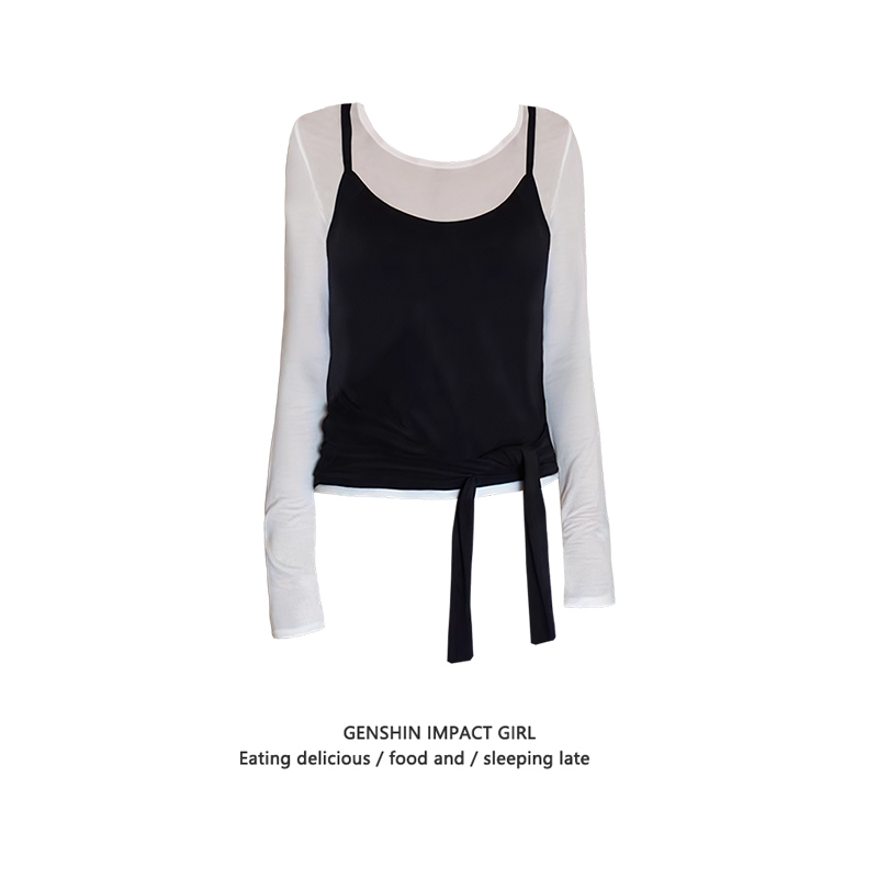 设计感假两件绑带长袖上衣女秋冬新款圆领修身显瘦撞色百搭T恤ins