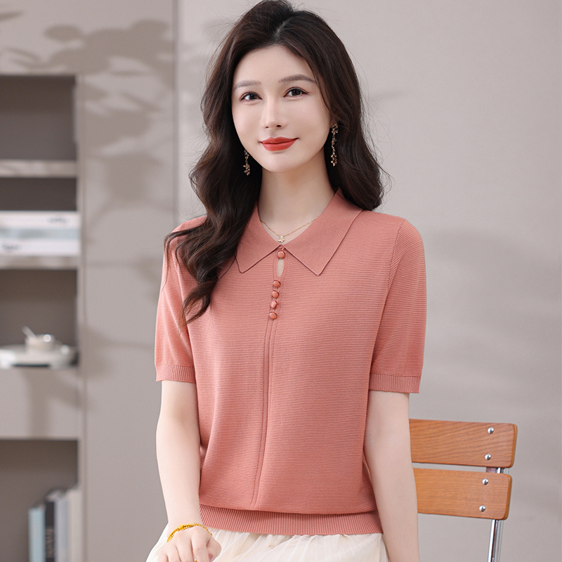 时尚妈妈夏装翻领天丝短袖女2025新款高档洋气针织衫冰丝t恤上衣