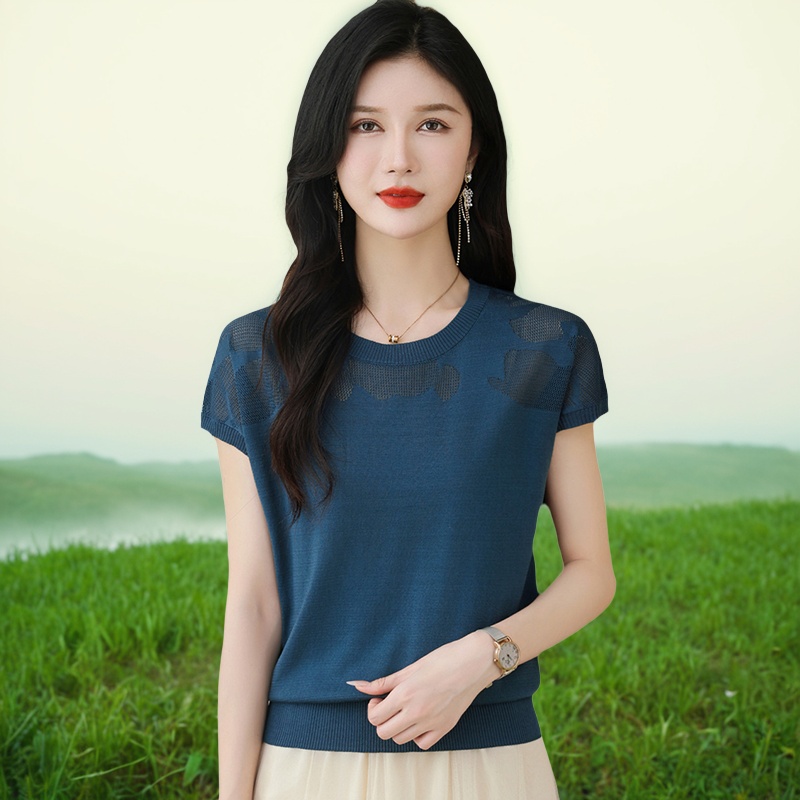 2025新款桑蚕丝短袖t恤女妈妈夏季冰丝上衣蝙蝠衫时尚款宽松减龄