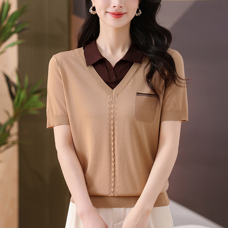 假两件冰丝v领短袖t恤女夏季薄款轻奢高级感天丝中年妈妈高档上衣