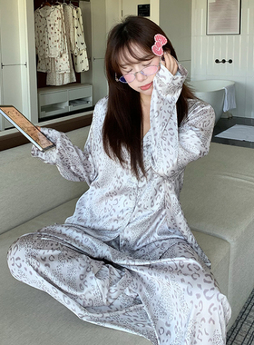 胖MM大码睡衣250斤穿灰色性感豹纹翻领冰丝套装高级感宽松家居服