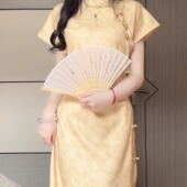 日常长裙 古法全开襟旗袍黄色复古风新中式 抹茶麻薯2026年春季 新款