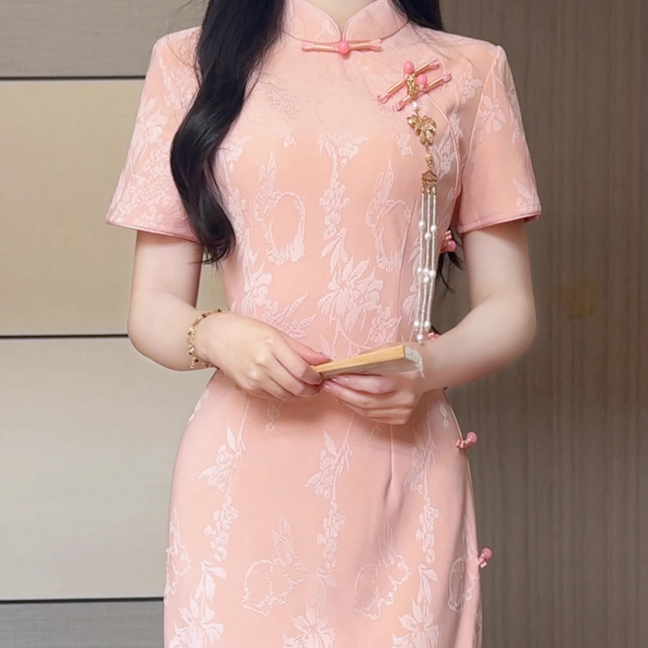 抹茶麻薯2025年春夏季新款粉色提花改良旗袍氣質(zhì)優(yōu)雅少女新中式