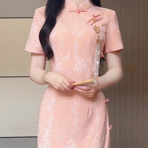 抹茶麻薯2026年春夏季新款粉色提花改良旗袍气质优雅少女新中式