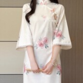 改良旗袍中袖 新中式 粉色复古少女日常长裙 新款 抹茶麻薯2026年秋季