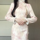 抹茶麻薯2025年冬季 加绒加厚改良旗袍年轻高端气质粉色长裙 新款