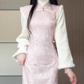 加绒改良旗袍粉色倒大袖 新款 毛绒领保暖年轻款 抹茶麻薯2025年冬季