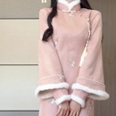 加绒改良旗袍麂皮绒毛绒领保暖淑女新中式 抹茶麻薯2025年冬季 新款