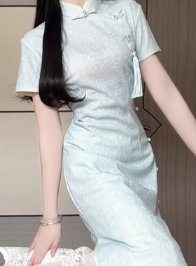 抹茶麻薯2025年夏季新款蓝色国风改良旗袍素雅少女短袖新中式日常