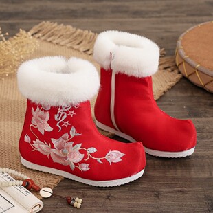 翘头汉服鞋加厚刺绣内增高中跟民族风老北京布鞋侧拉链女靴加绒厚