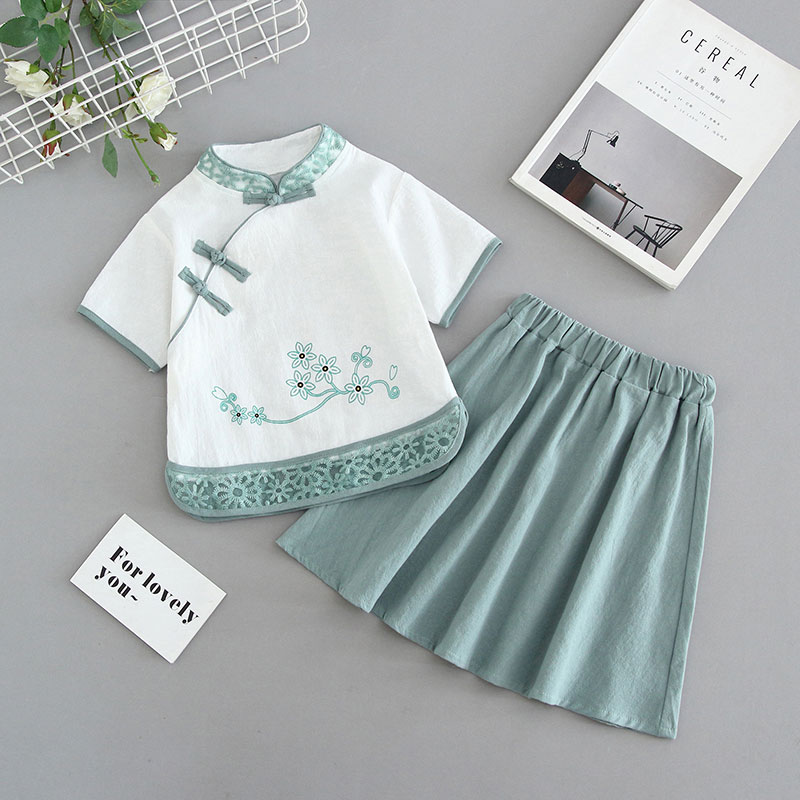 儿童汉服女款洋气古风超仙民国风套装女童夏季薄款裙子唐装两件套