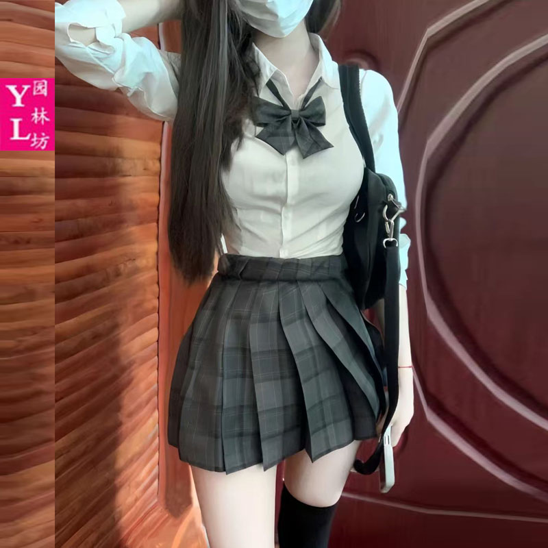 jk制服套装辣妹风基础款收腰长袖衬衣学院风上衣白色女衬衫JK裙子