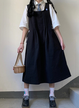 日系jk制服学院风背带连衣裙女夏季学生收腰显瘦a字裙+蓝色衬衫