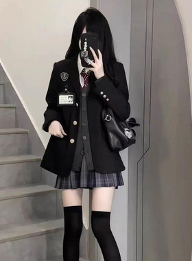 jk制服西装外套秋冬季学院风原创校供感正版三粒扣黑色西服套装女