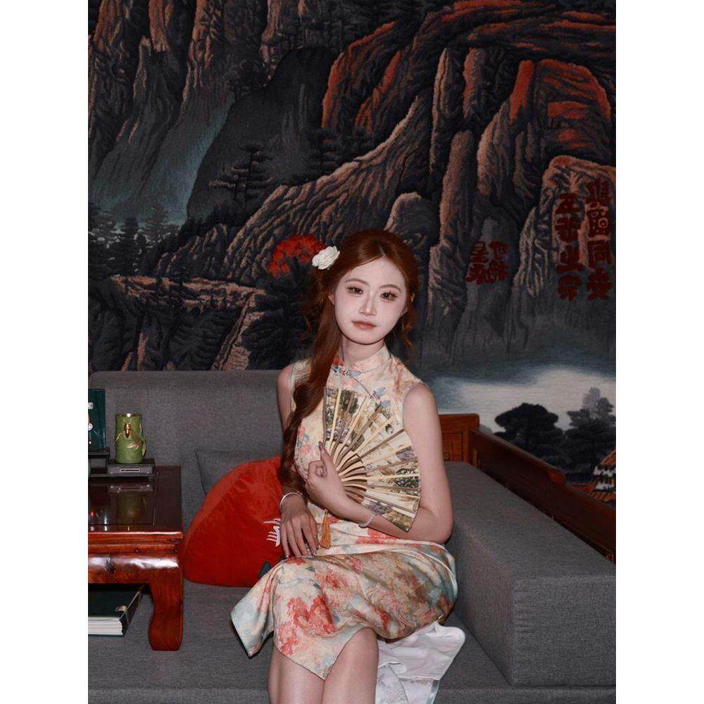 感江南收腰旗袍风长款无袖氛围开叉夏季连衣裙温柔礼服印花新款感
