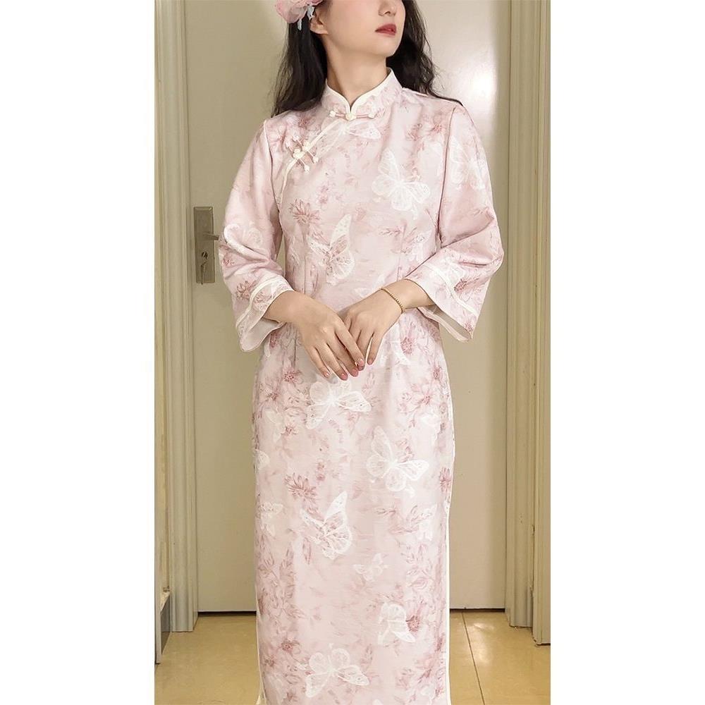 国风气质改良提花粉色淑女旗袍新款春秋季五分连衣裙袖倒大袖复古