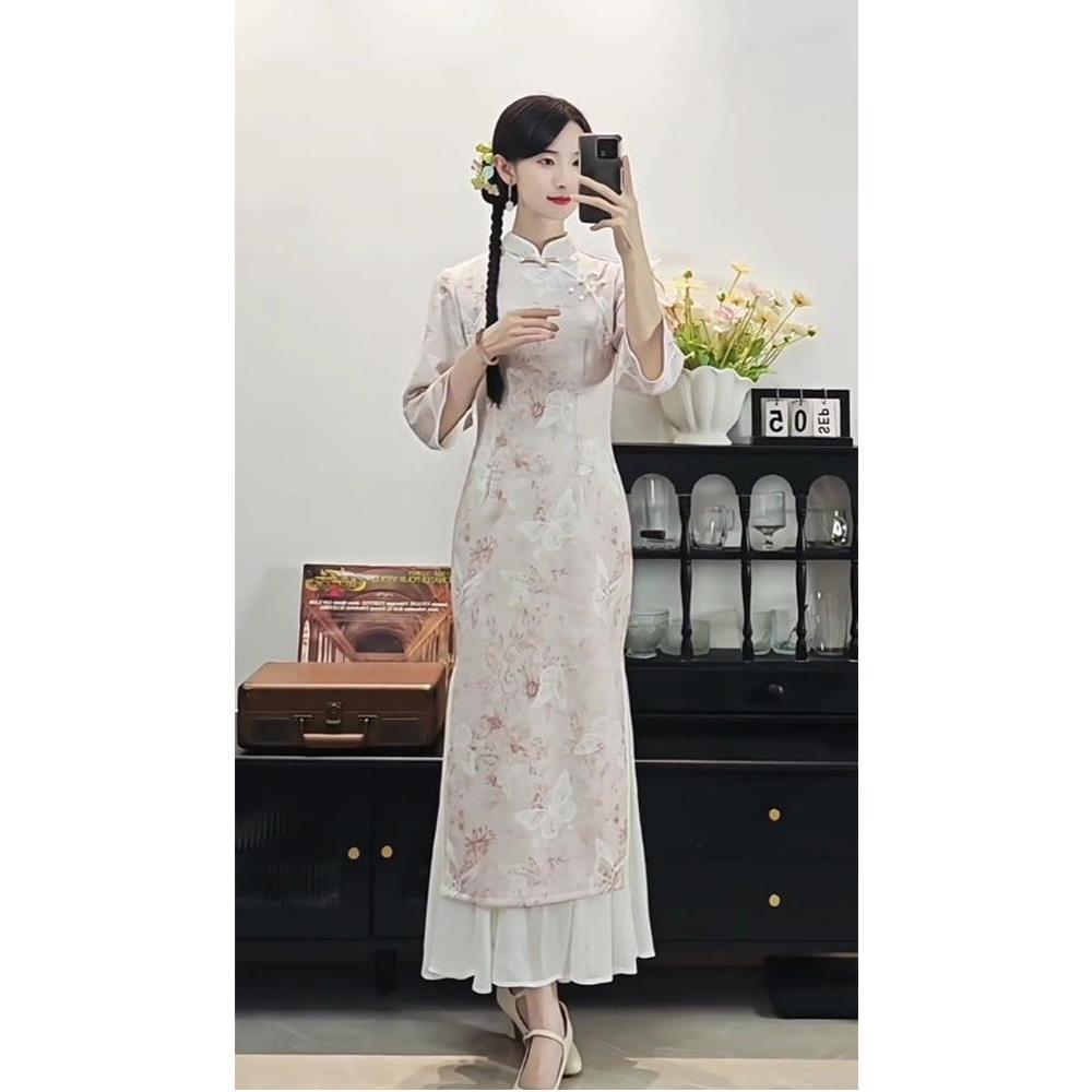 淑女国风瘦少女连衣裙款旗袍优雅复古改良提花中式新显粉色绝美