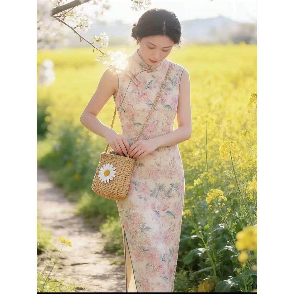 送考中长款国风连衣裙修身气质无袖复古旗袍中式花卉显瘦清新新