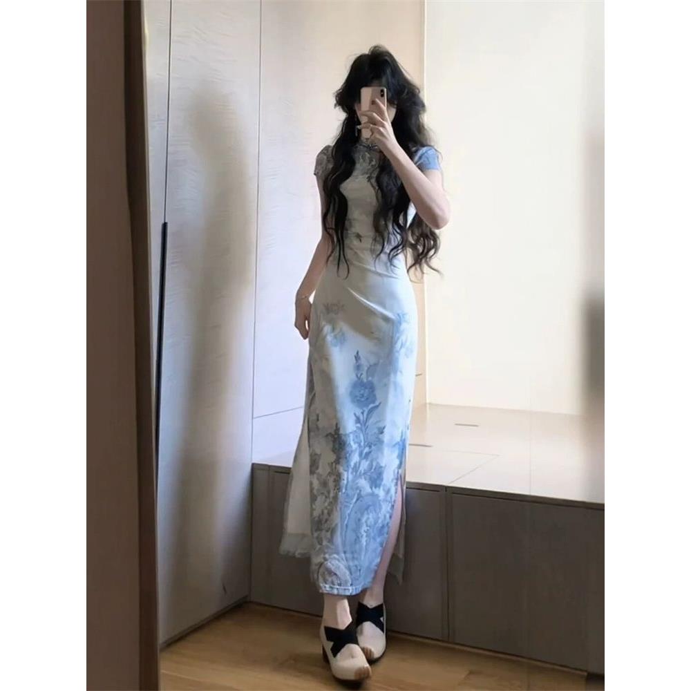 旗袍国风送考复古连衣裙抓褶素雅短袖订婚青花瓷改良水墨印花礼服