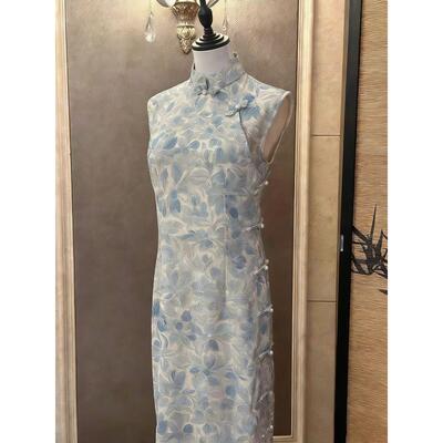中长款礼服日常订婚国风气质蓝色无袖改良版旗袍修身显瘦裙送考