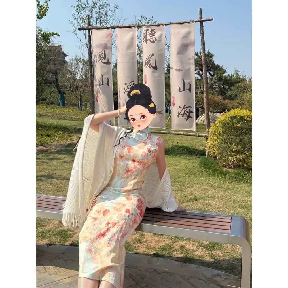 收腰无袖礼服优雅显款国风订婚夏季瘦长新款旗袍敬酒印花国风花卉