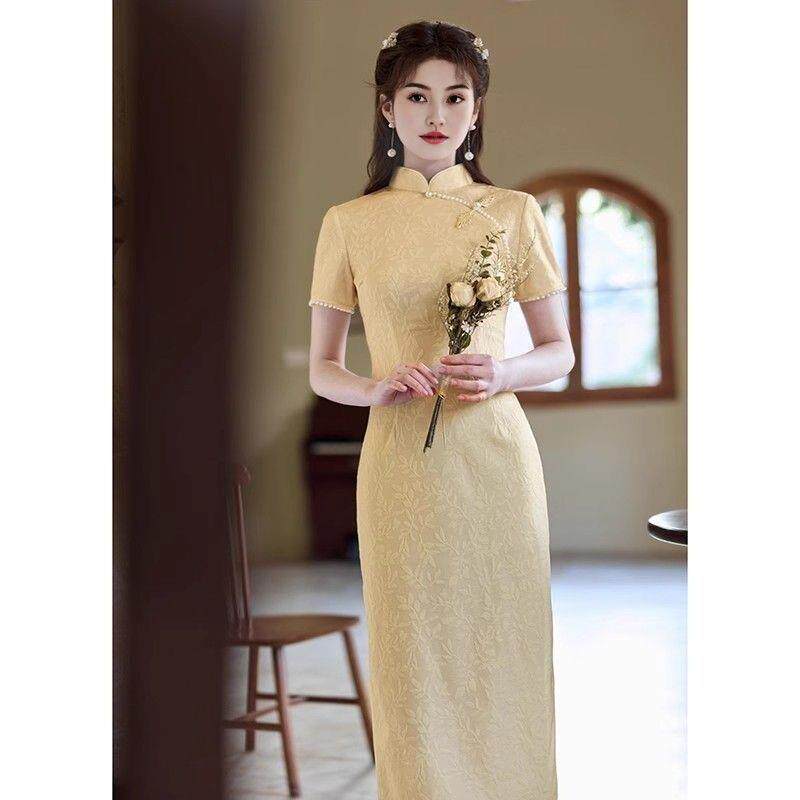 新订婚中式宴会改良版复古气质高贵气质新款连衣裙国风旗袍新长裙
