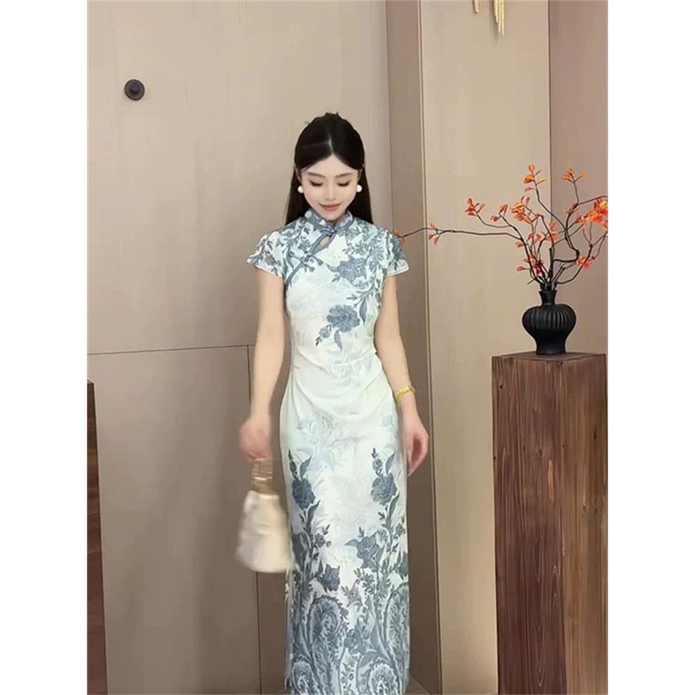 连衣裙显瘦旗袍收腰中长款订婚敬酒优雅国风短袖印花青花瓷礼服