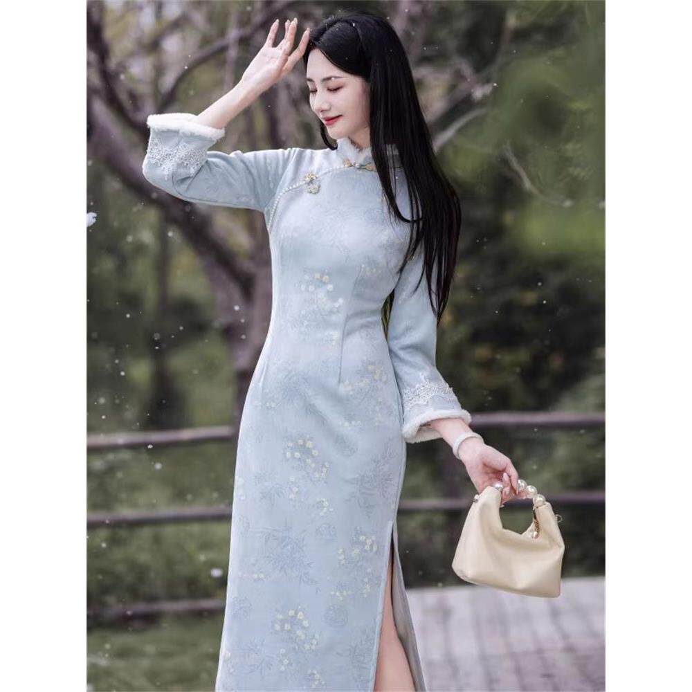 气质蓝色旗袍冬季加绒2025素雅新款中式保暖淑女国风气质连衣裙