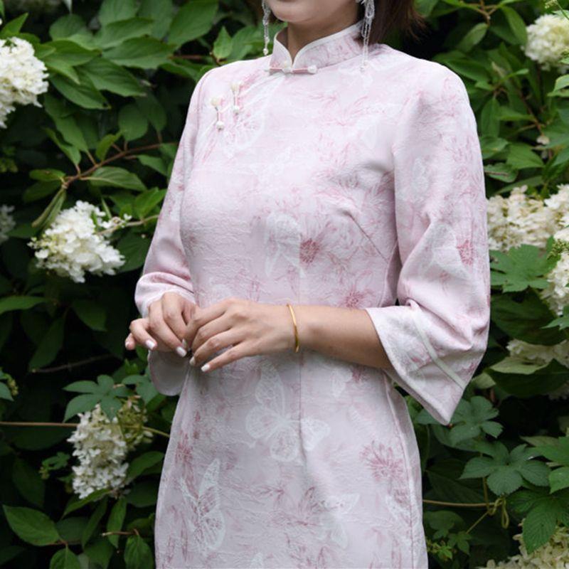 瘦中长款春秋温柔旗袍裙复古风显改良粉蝶连衣裙提花绝美新款收腰