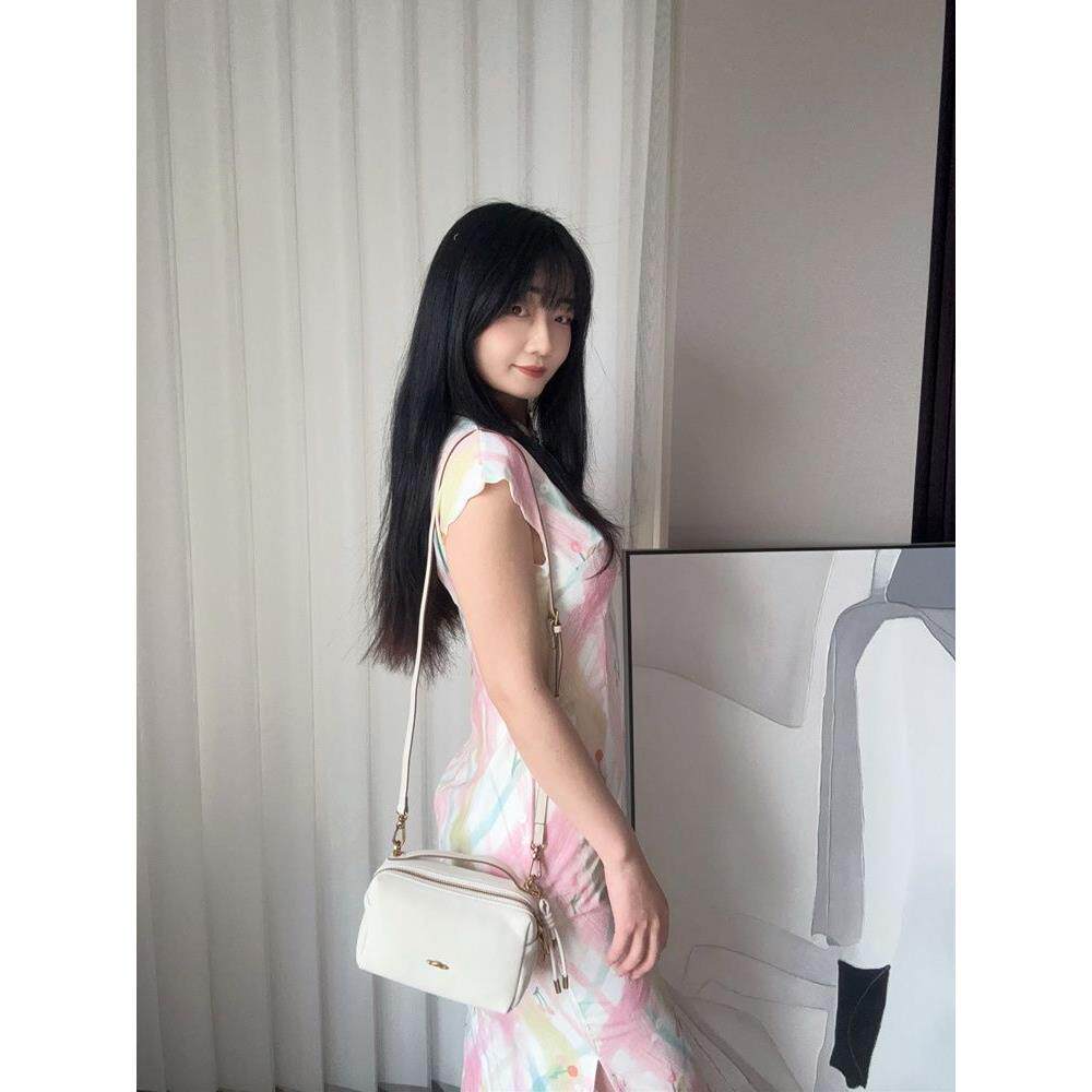 连衣裙印花气质甜妹收腰长绿格纹风粉中清新开衩显瘦旗袍新款国风