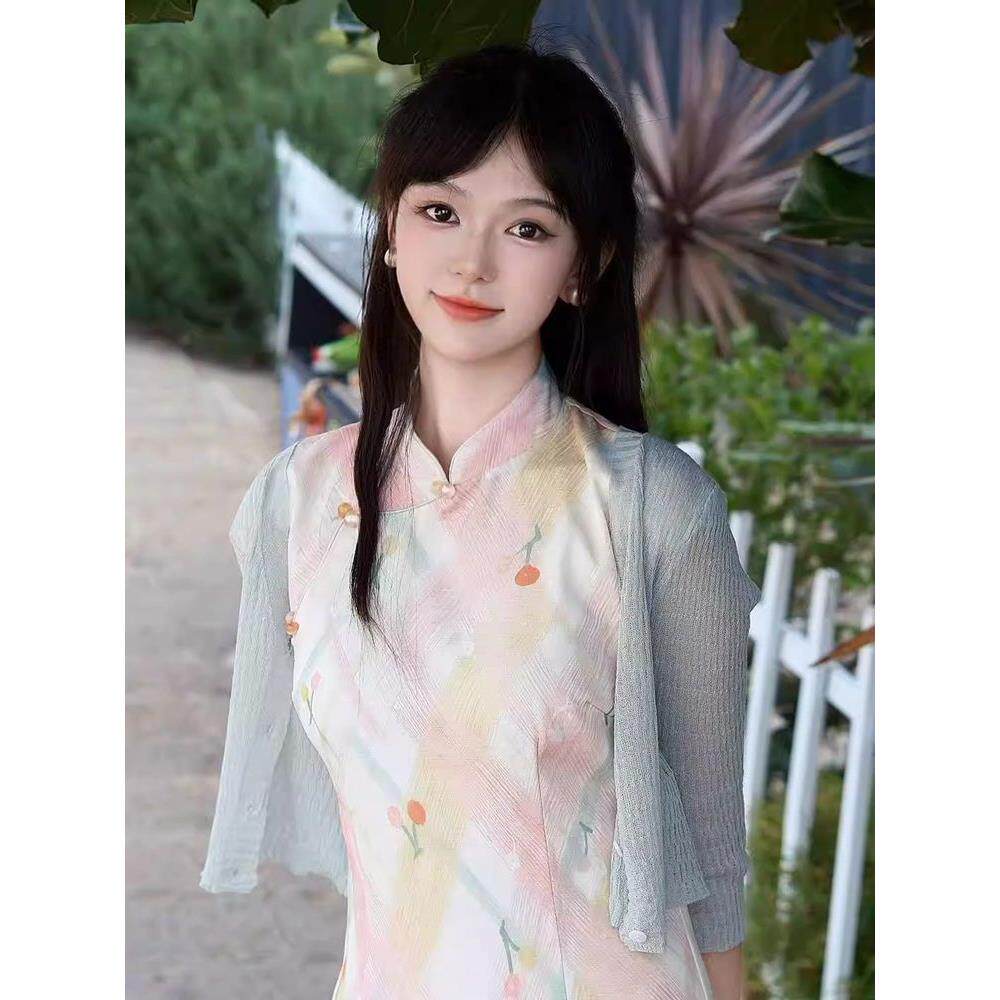 旗袍长连衣裙樱桃风素雅收腰改良氛围中式短袖江南感新中开叉提花