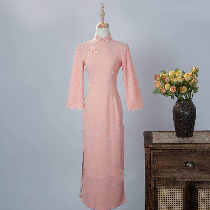 旗袍美国七分旗袍裙新款连衣裙长裙中复古氛围风绝秋冬改良气质袖