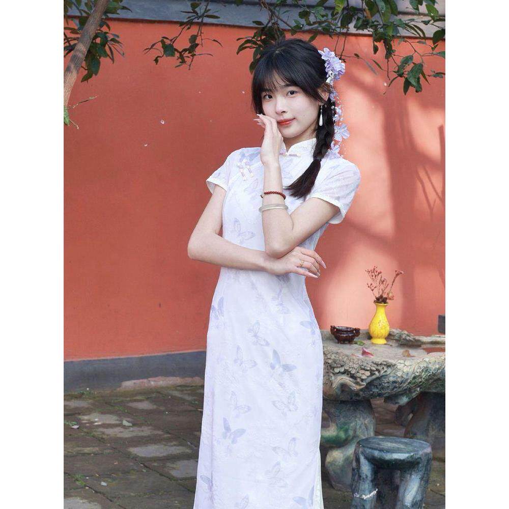 旗袍修身年轻紫新提花感中式连衣裙日常清冷少女复古水墨国风款