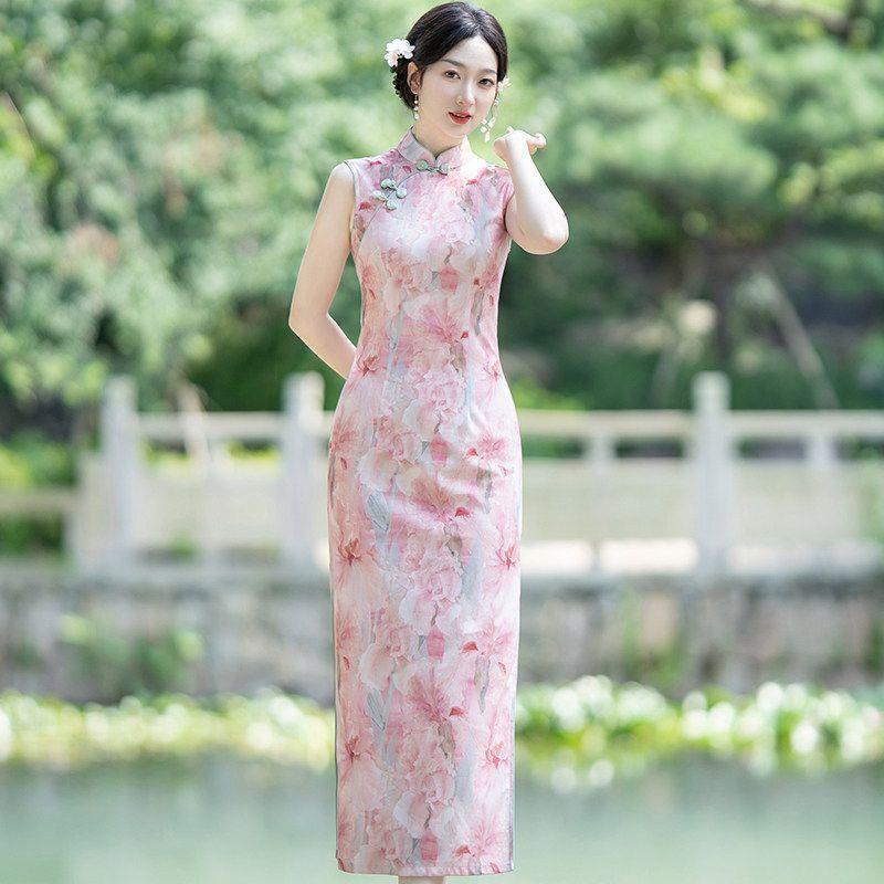 感中式改良新国风无袖中粉色礼服连衣裙淡雅气质旗袍欧若风高级长