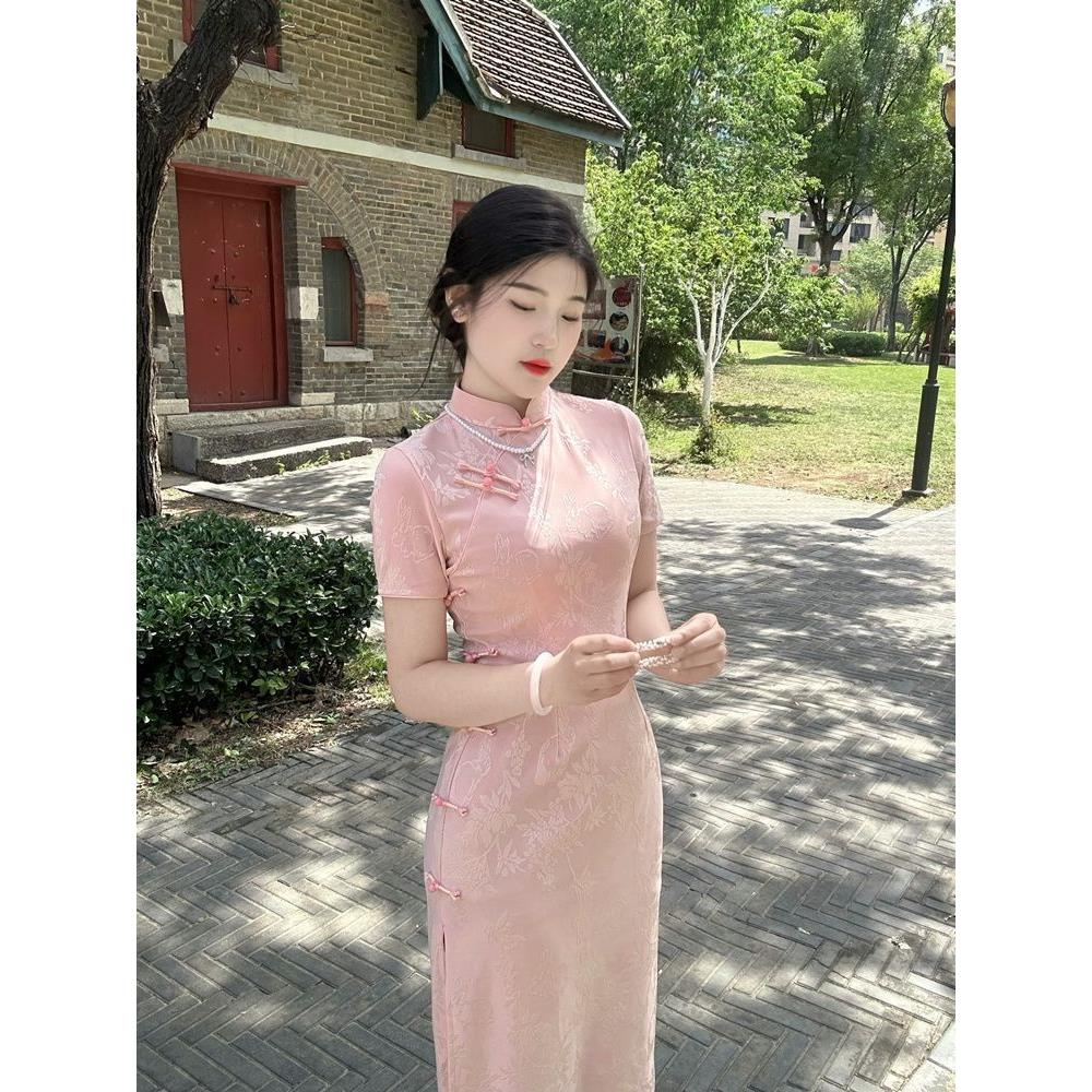 粉中式气质考系橘连衣裙日常新款敬酒短袖改良送聚会优雅旗袍温柔