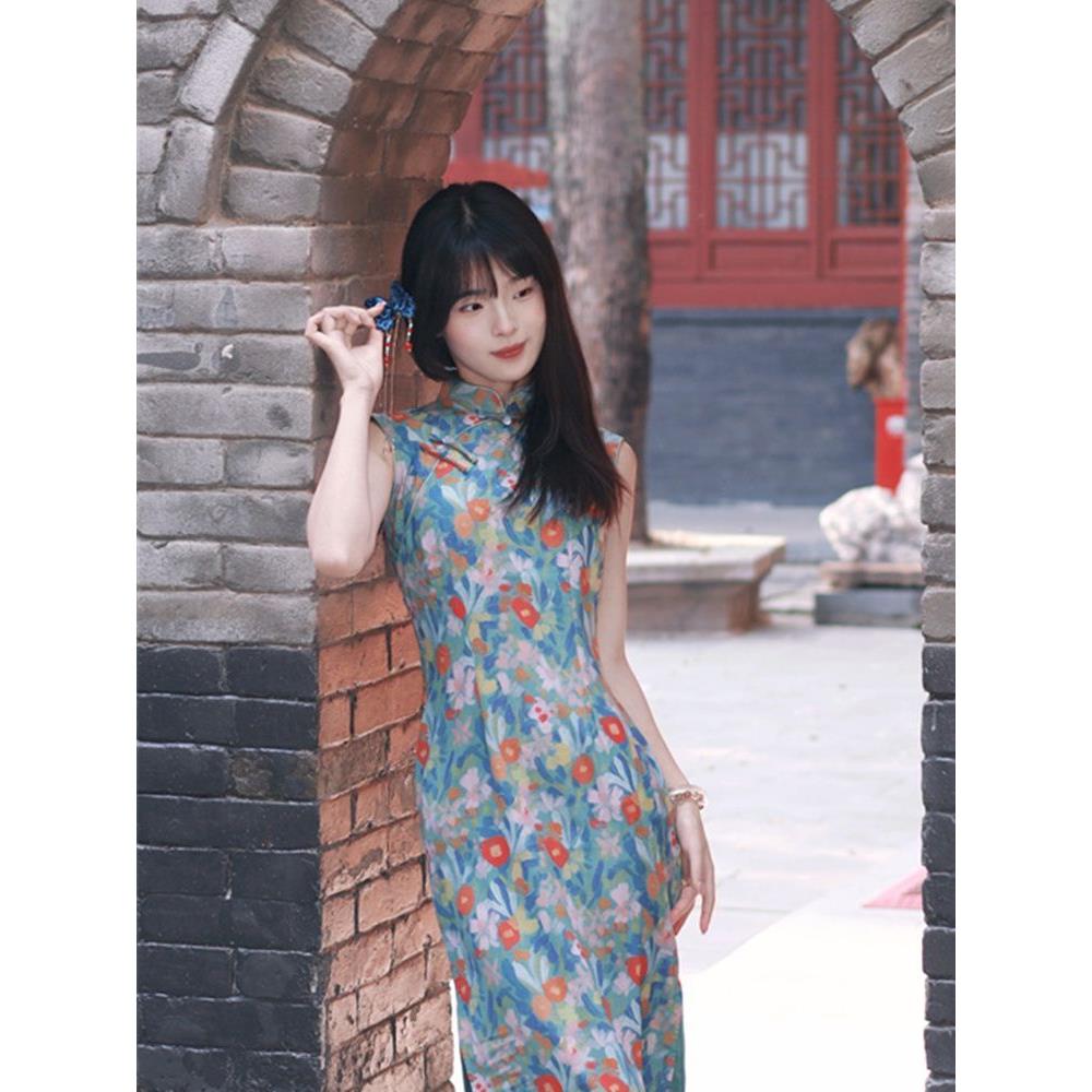 新旗袍无袖中蓝调显瘦修身碎花改良长裙油画连衣裙气质中式立领