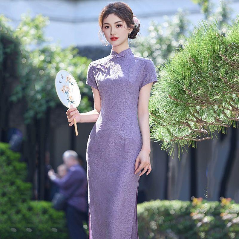 气质复古收腰美国新款旗袍裙腰优雅长款绝风收韵味连衣裙显瘦紫色