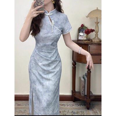 改良版国风气质众旗袍连衣裙感中式新春夏短袖新款抓褶镂空设计小