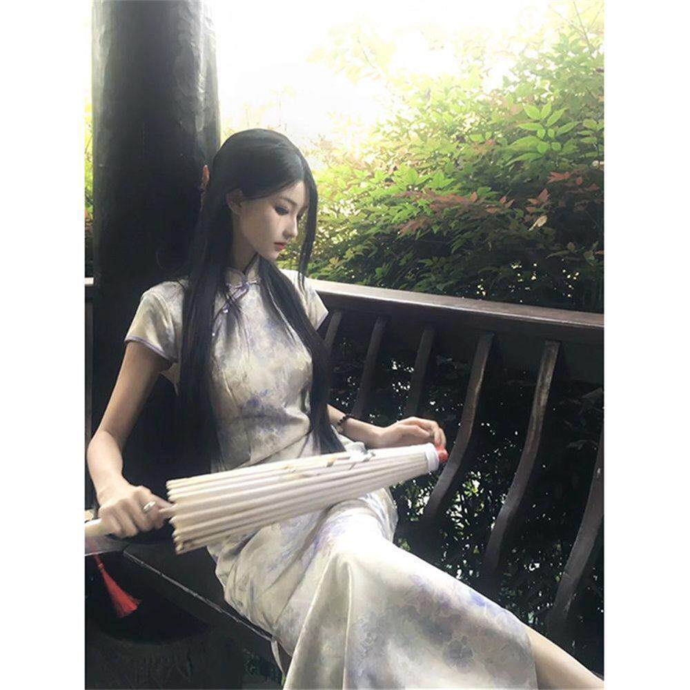 中式大连衣裙长款复古新紫花修身民国片中小姐短袖显瘦旗袍气质出