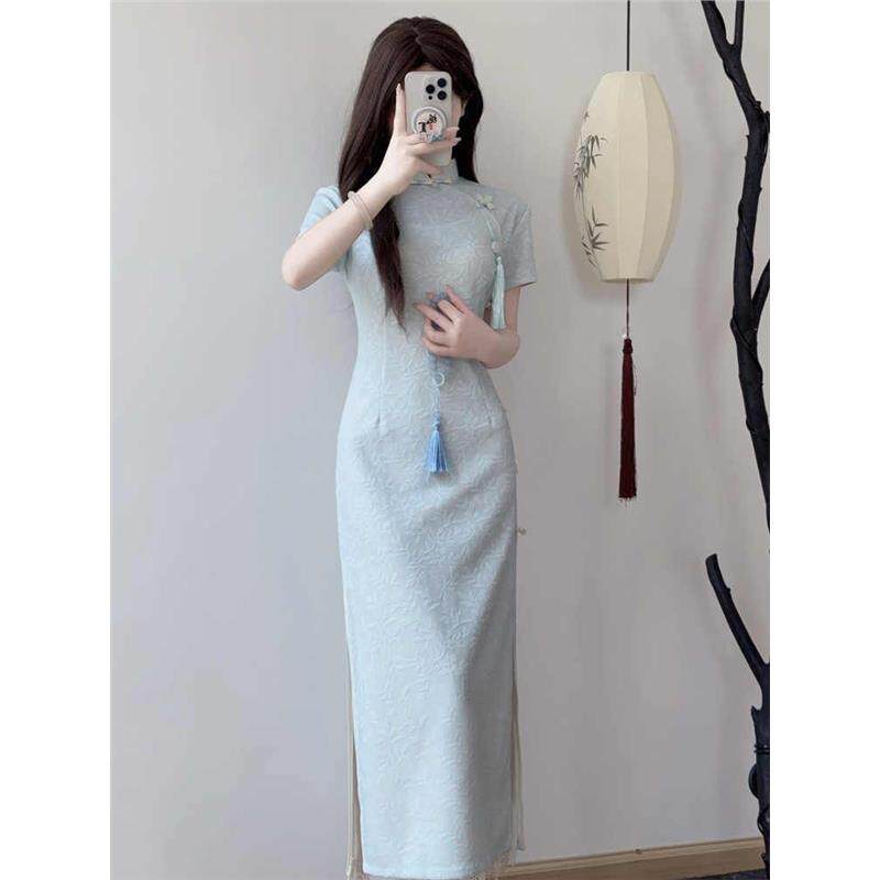 蓝色绝美修身日常新款显瘦旗袍旗袍裙改良改良国风中式收腰连衣裙