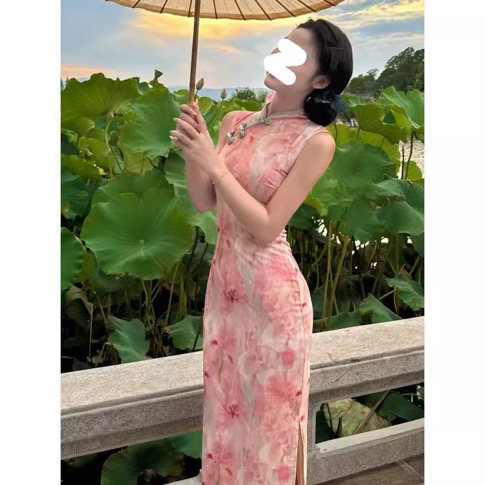 春夏气质气质无袖改良淡雅渐变连衣裙粉色中长款坎肩国风旗袍礼服