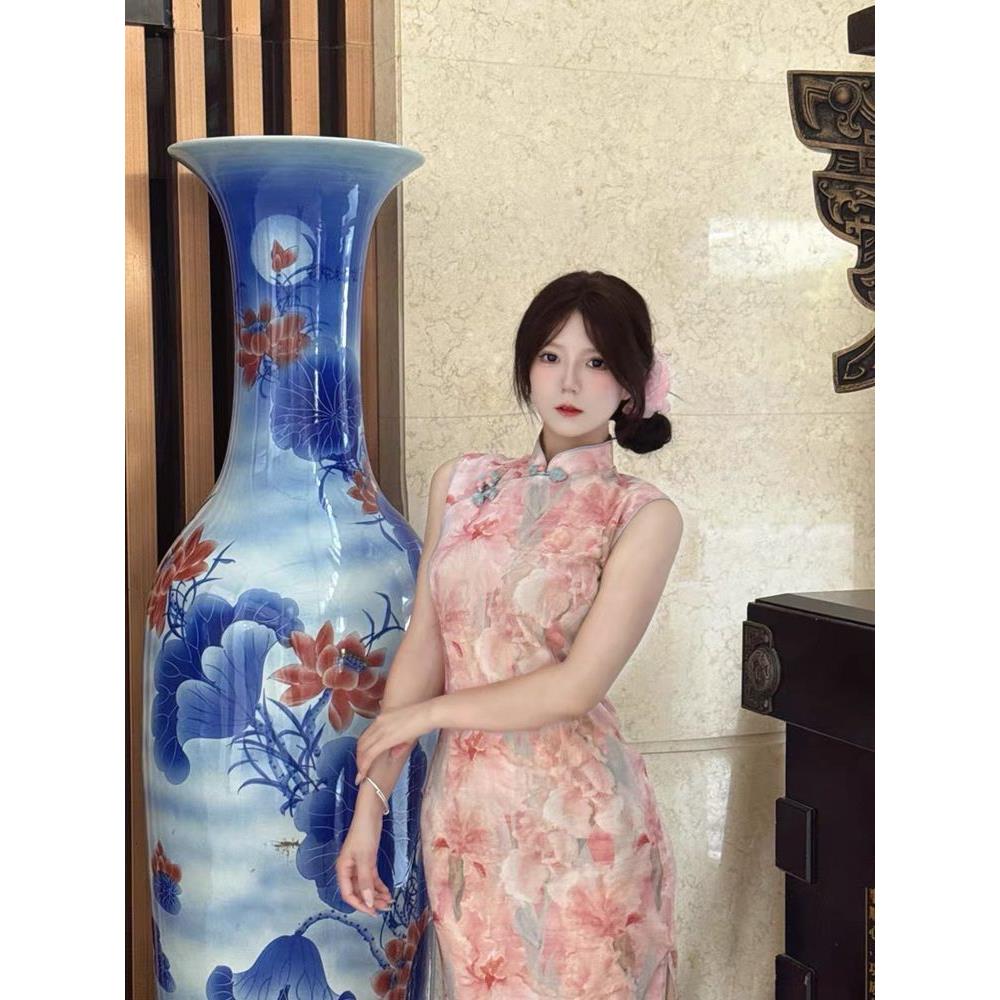 款中式女无袖新连衣裙年轻改良显瘦气质淑女修身夏季粉花国风旗袍
