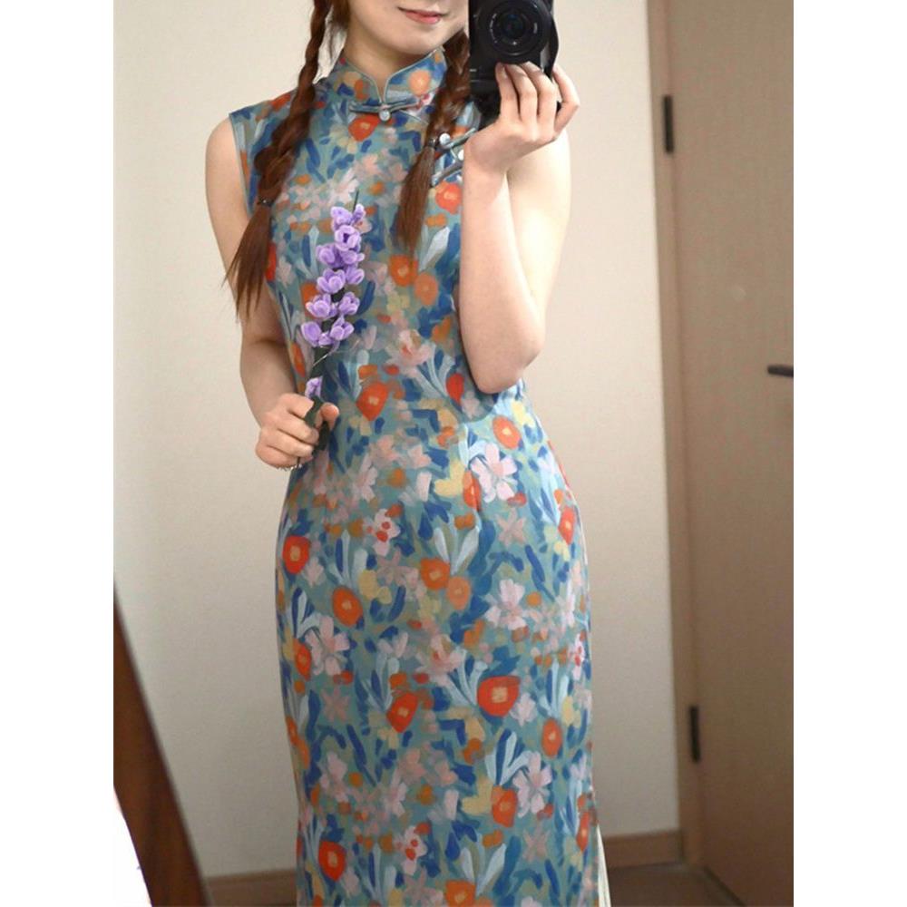 碎花显瘦立领夏季连衣裙收腰改良中式复古油画新女气质无袖旗袍