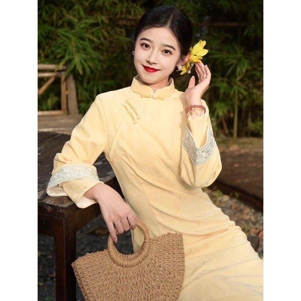 中式连衣裙新款黄色民国旗袍复古气质旗袍裙改良版国风秋冬气质