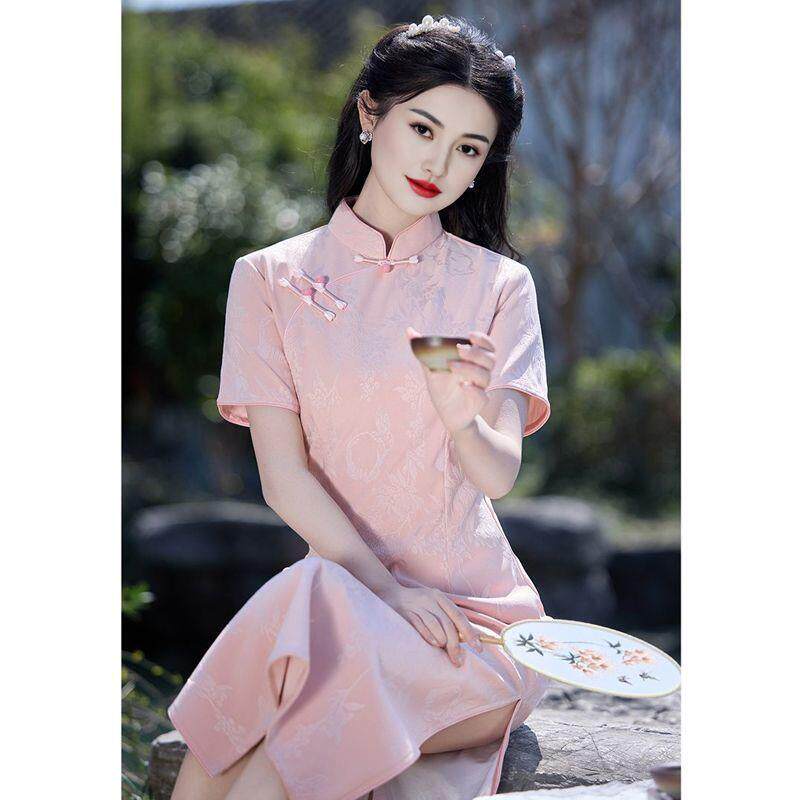 旗袍连衣裙收腰长袖气质遮肉改良秋冬新款礼服旗袍裙粉色高贵气质