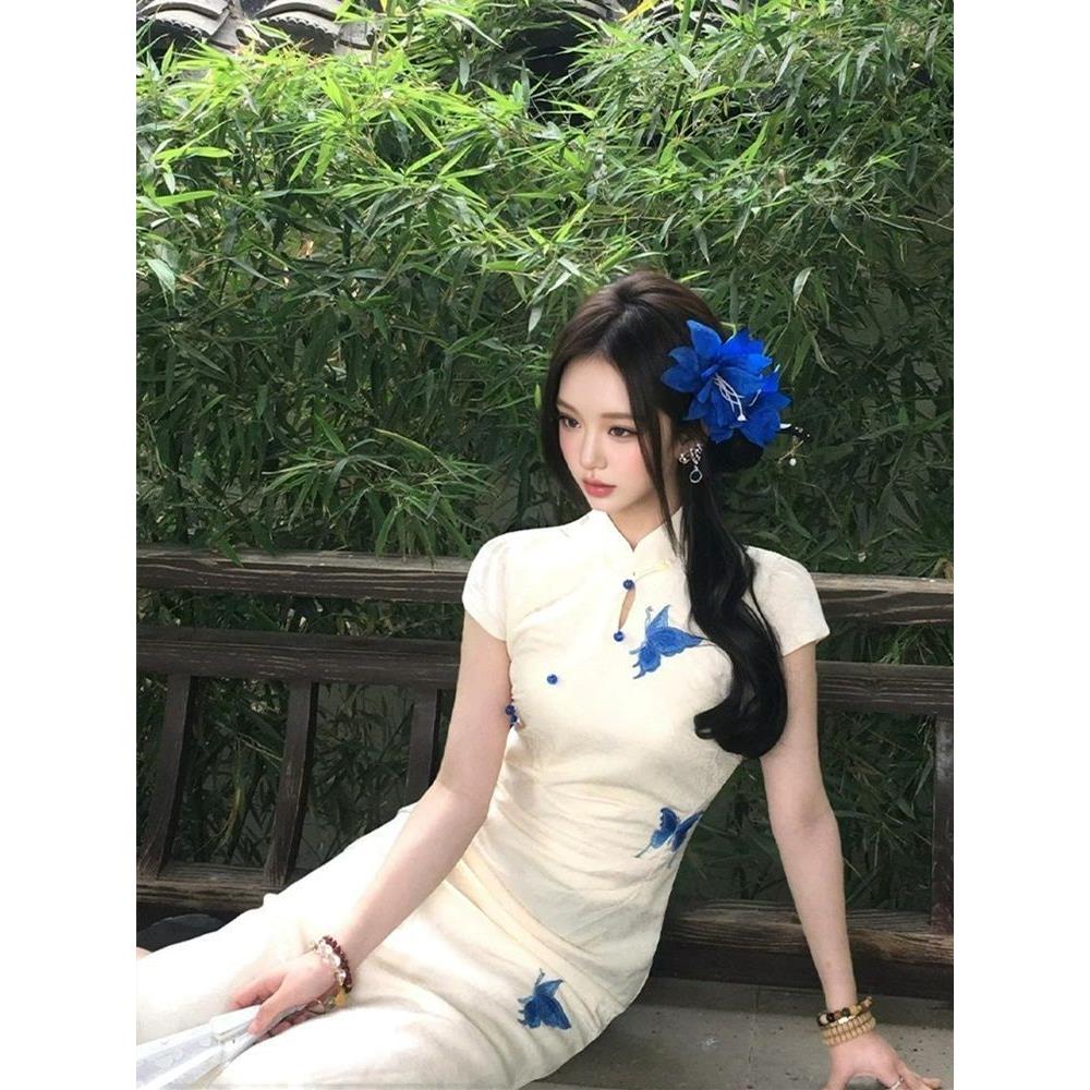 旗袍裙中长款修身改良开叉米白蝴蝶夏季短袖温柔女连衣裙显瘦侧